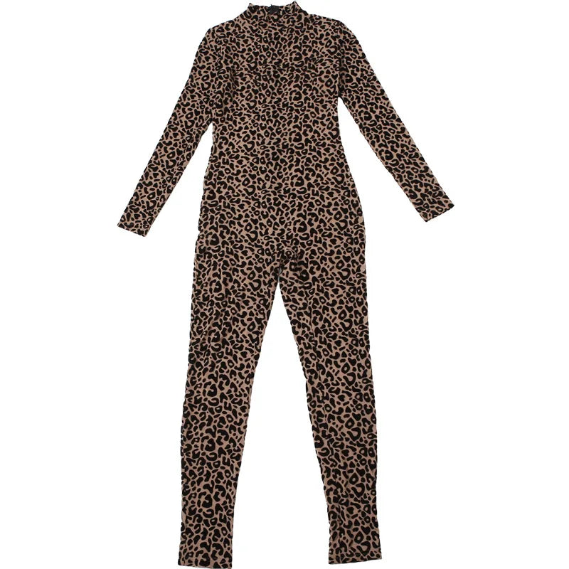 Shestyle Velvet Leopard Sexy Jumpsuits Women Turtleneck Nude Bodycon Mesh Transparent Zipper Fly Slim Fitness Playsuit Clothes