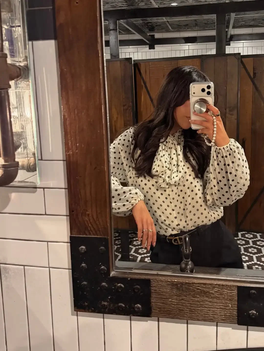Polka Dot Lace Up Bow Shirt Women Casual Long Lantern Retro Sleeve Pleated Loose Blouse Lady 2026 Spring Commute Office Outwears