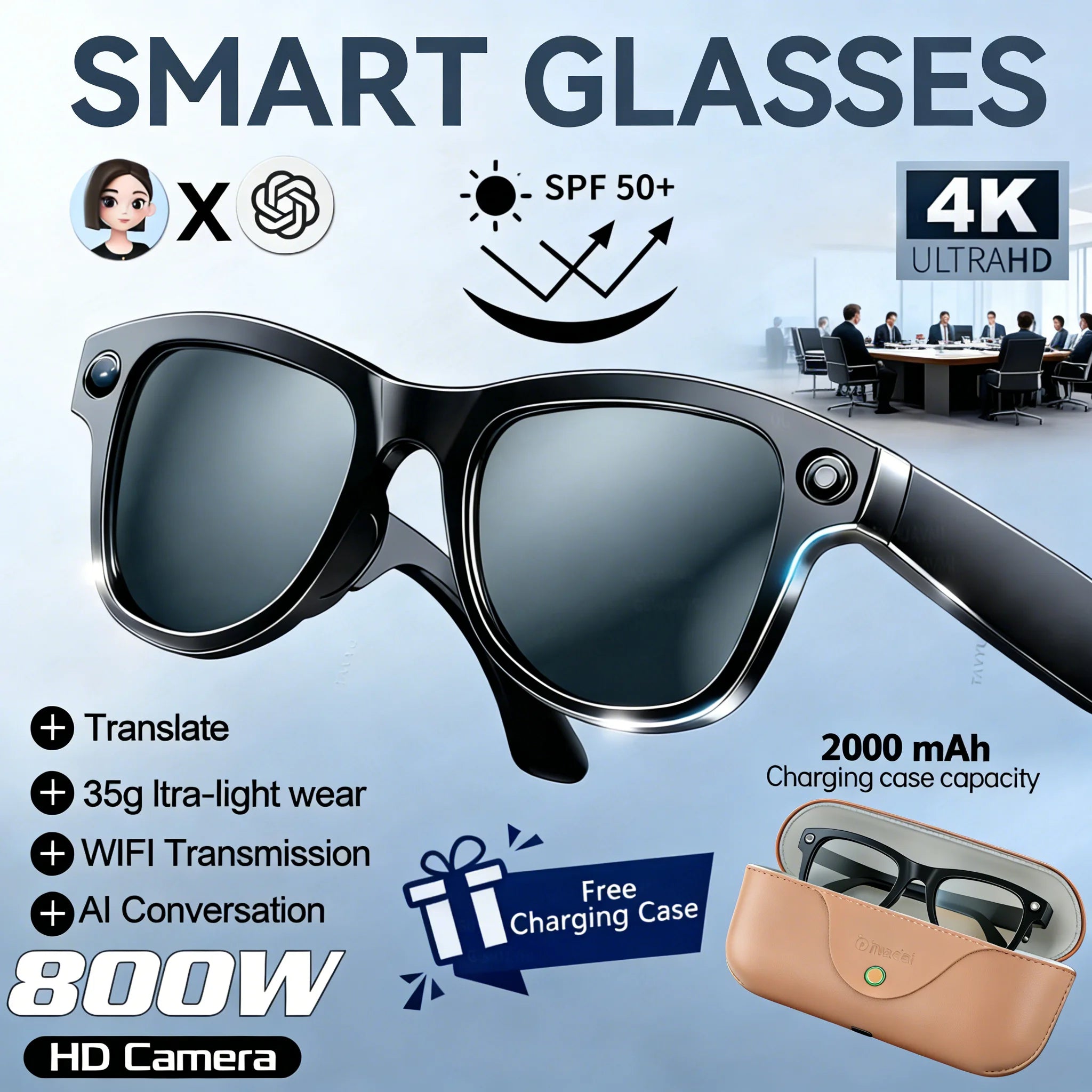 2026AI smart glasses HD 800W anti-shake camera AI dialogue real-time translation IP67waterproof Bluetooth audio smart sunglasses