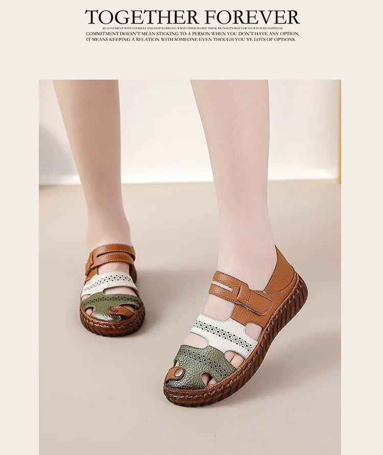 Newest gladiator summer sandals women's big size 43 woman real leather sandals ladies patchwork strap Non-slip flats