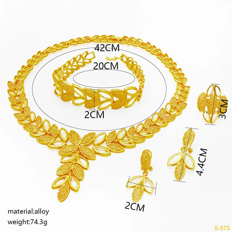 Italian Bridal Gold Plated Jewelry Set For Women African Indian 24K Gold Color Leaf Pendant Necklace Earring Set Dubai