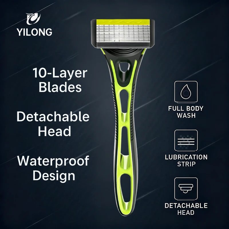 10 Layer Shaver Razor (1 Razor Holder + 4 Blades Head)Cassette Shaving Razor Set Green Body Face Hair Removal Knife for Gift Men