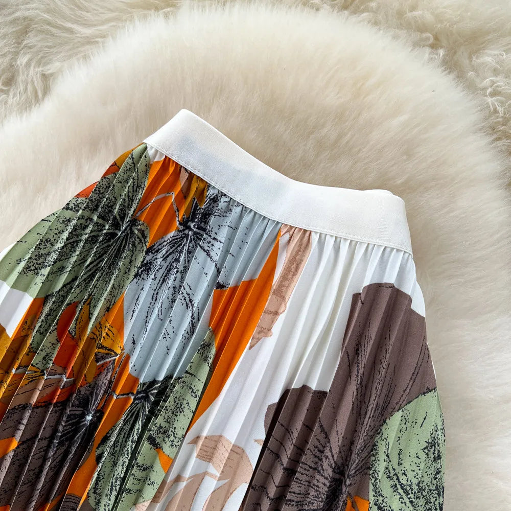 2026 New Summer Women Temperament Vintage All-match Skirt High Waist Printing Medium Length A-line Pleated Big Skirt Skirt
