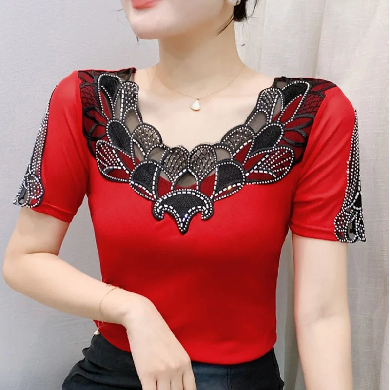 Fashion O-Collar Rhinestone Lace Patchwork Female Top Chic High Elasticity Soft Mesh Short Sleeve Temperament Women's T-Shirt