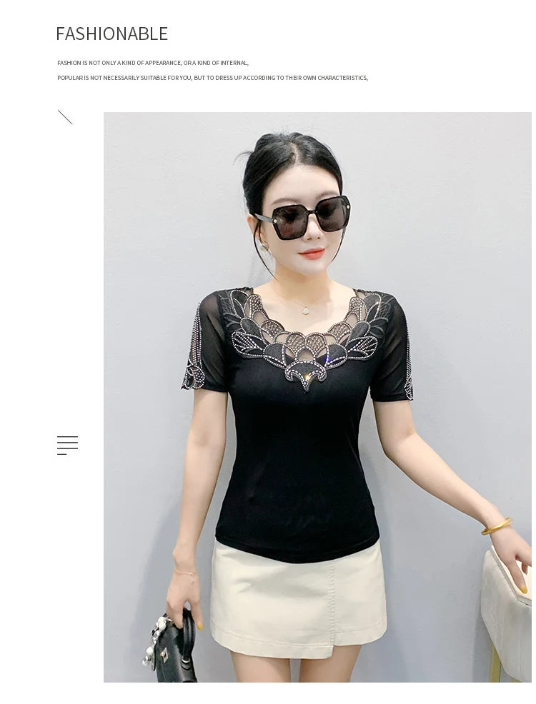 Fashion O-Collar Rhinestone Lace Patchwork Female Top Chic High Elasticity Soft Mesh Short Sleeve Temperament Women's T-Shirt