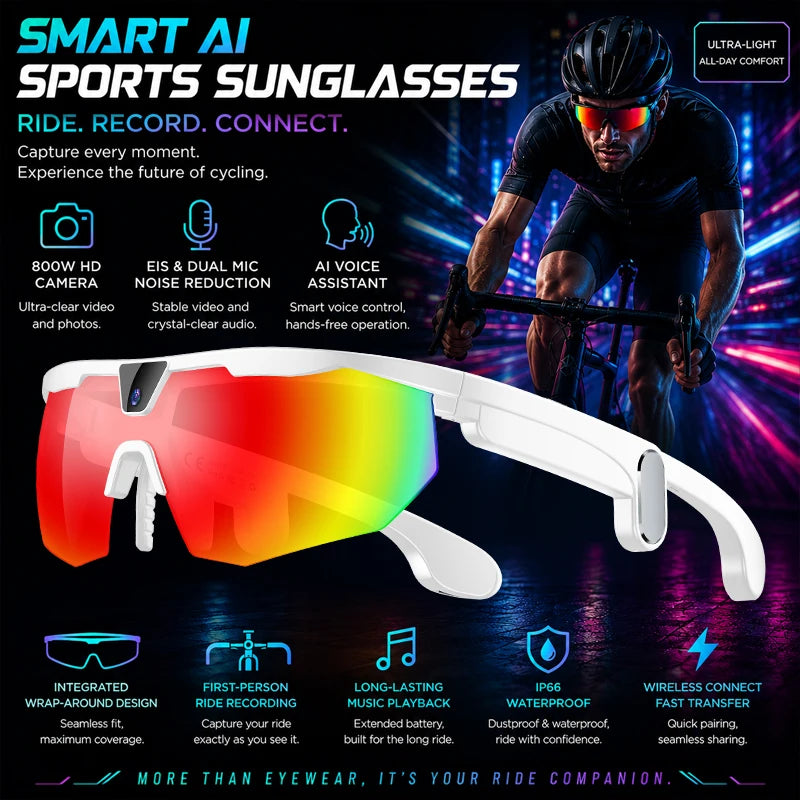 2026 AI Smart Glasses 800W HD Anti-shake Camera IP66 Waterproof AI Voice Wake-up AI Translation Four-in-one Cycling Glasses