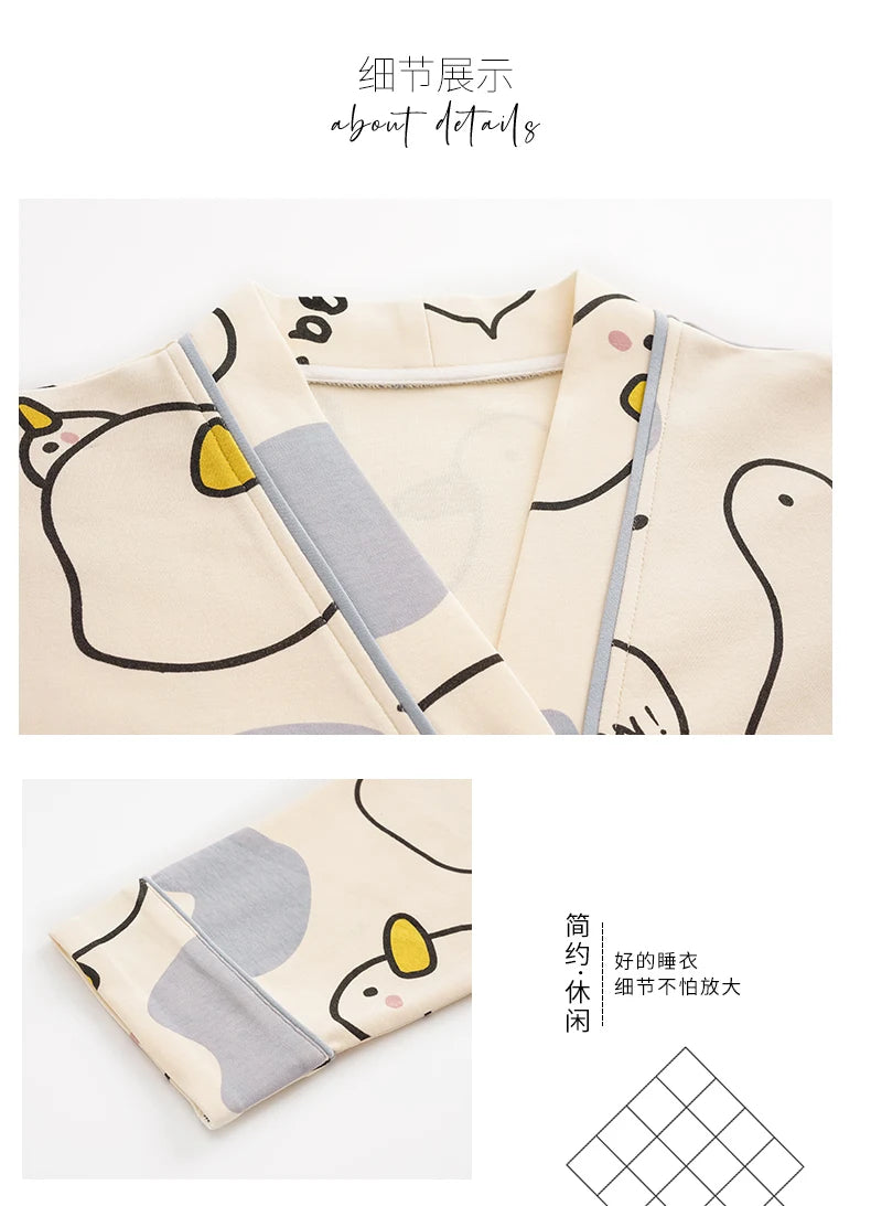 Elizabeth Duck Japanese Kimono Autumn Winter Women Pajamas Sets Faux Cotton Long Sleeves Homesuits Casual V-neck Lapel Sleepwear