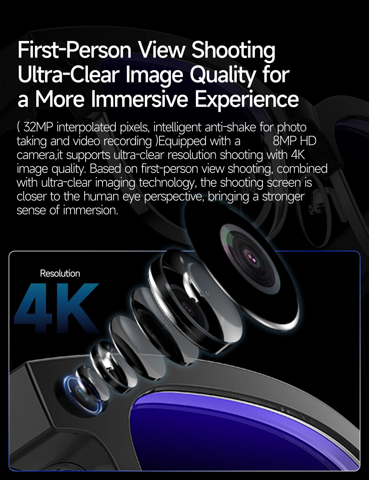 2026 New AI Smart Glasses 8MP HD Camera AI Object Recognition AI Translation 4K ULTRA HD IP66 Waterproof BT Call Smart Glasses