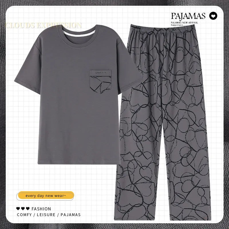 L-5XL Summer Elegant Men Pyjamas Knited Cotton Pajamas Set Long Pant Sleepwear Pyjamas Night Suits Pijamas Plus Size Homewear PJ