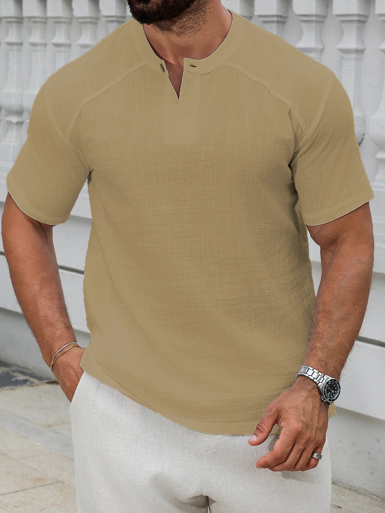 1PCS Mens Linen Short-Sleeved Shirt Top Round-Neck Pullover Casual Solid Color Henry Collar T-Shirt with Buttons Fashion Hippie
