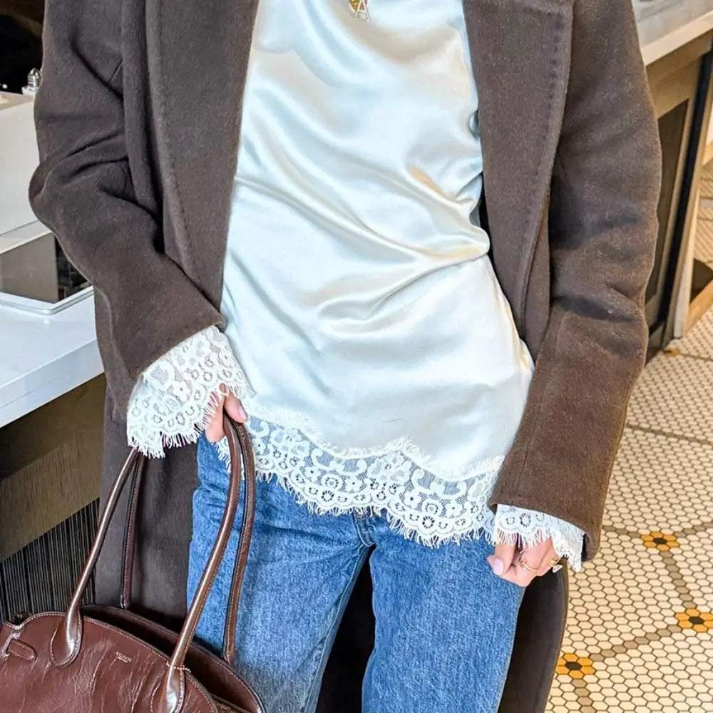 Belted Waist Lace Patchwork Top Flare Sleeve Solid Color Lace-up Top Asymmetrical Design Irregular Hemline Satin Blouse Spring