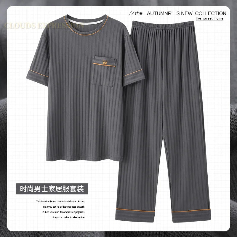 L-5XL Summer Elegant Men Pyjamas Knited Cotton Pajamas Set Long Pant Sleepwear Pyjamas Night Suits Pijamas Plus Size Homewear PJ