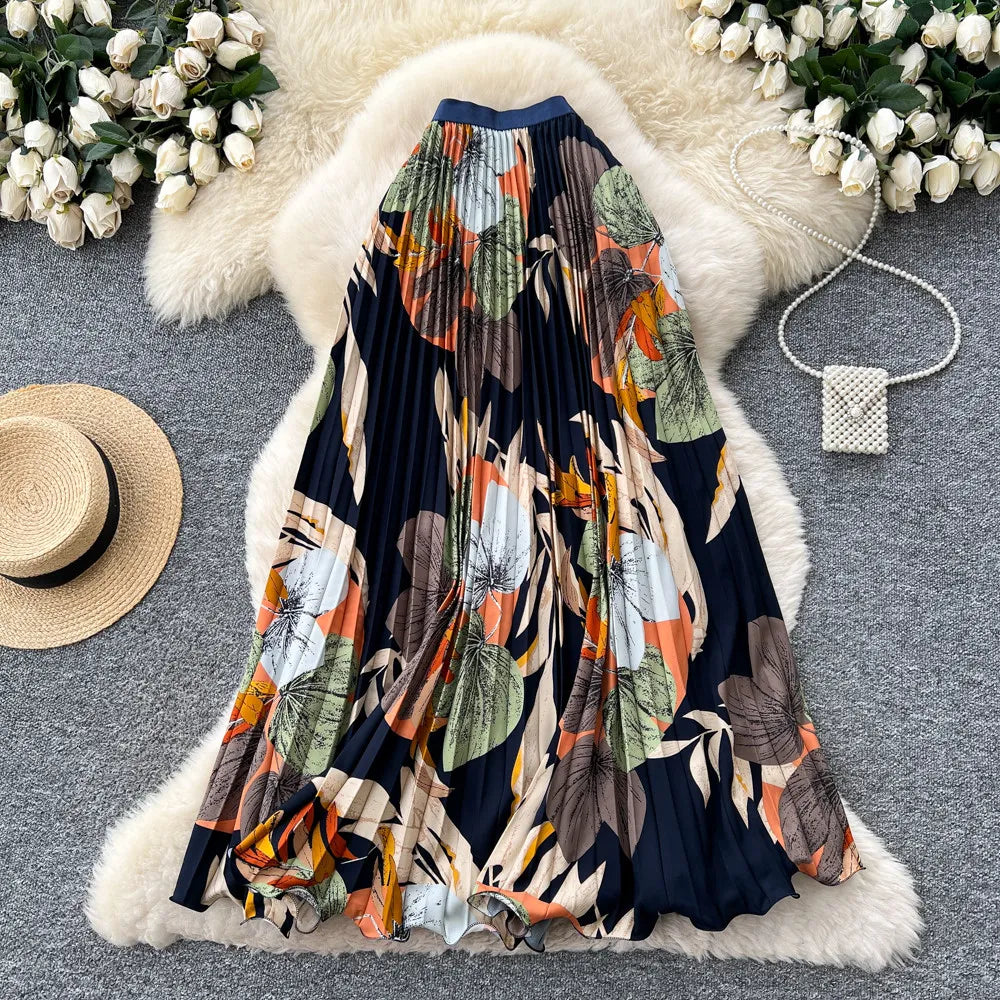 2026 New Summer Women Temperament Vintage All-match Skirt High Waist Printing Medium Length A-line Pleated Big Skirt Skirt