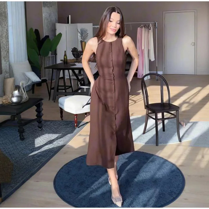 Elegant Hallow Out Long Dress Women Lantern Sleeve Deep V-neck Single Breasted Loose Dresses 2025 Fashion Solid Office Robe Lady