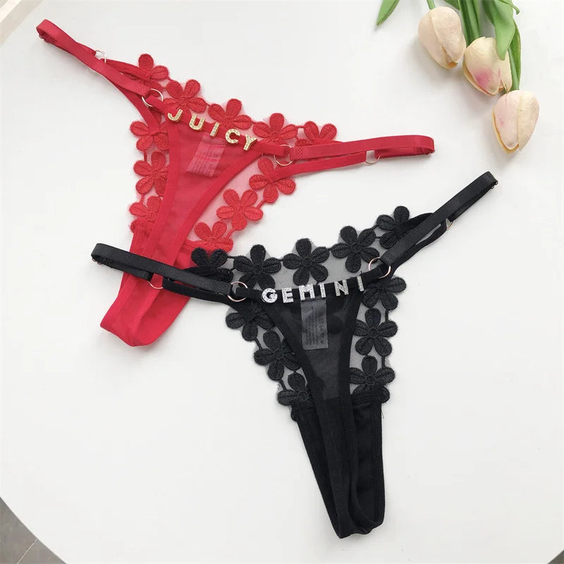 Customized Crystal Letter Sexy Embroidered Women's Low Waist Underwear BikiniG-Strings Adjustable Waist Underwear Hot Wife Gift