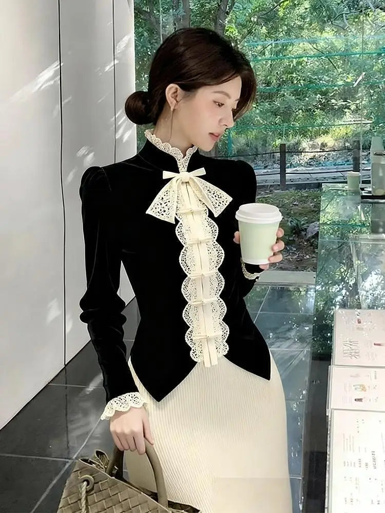 French Velvet Shirt Bow Camisas De Mujer Shirts & Blouses Black Top Blusas Roupas Femininas Designer Luxury Trend  Chemise Femme