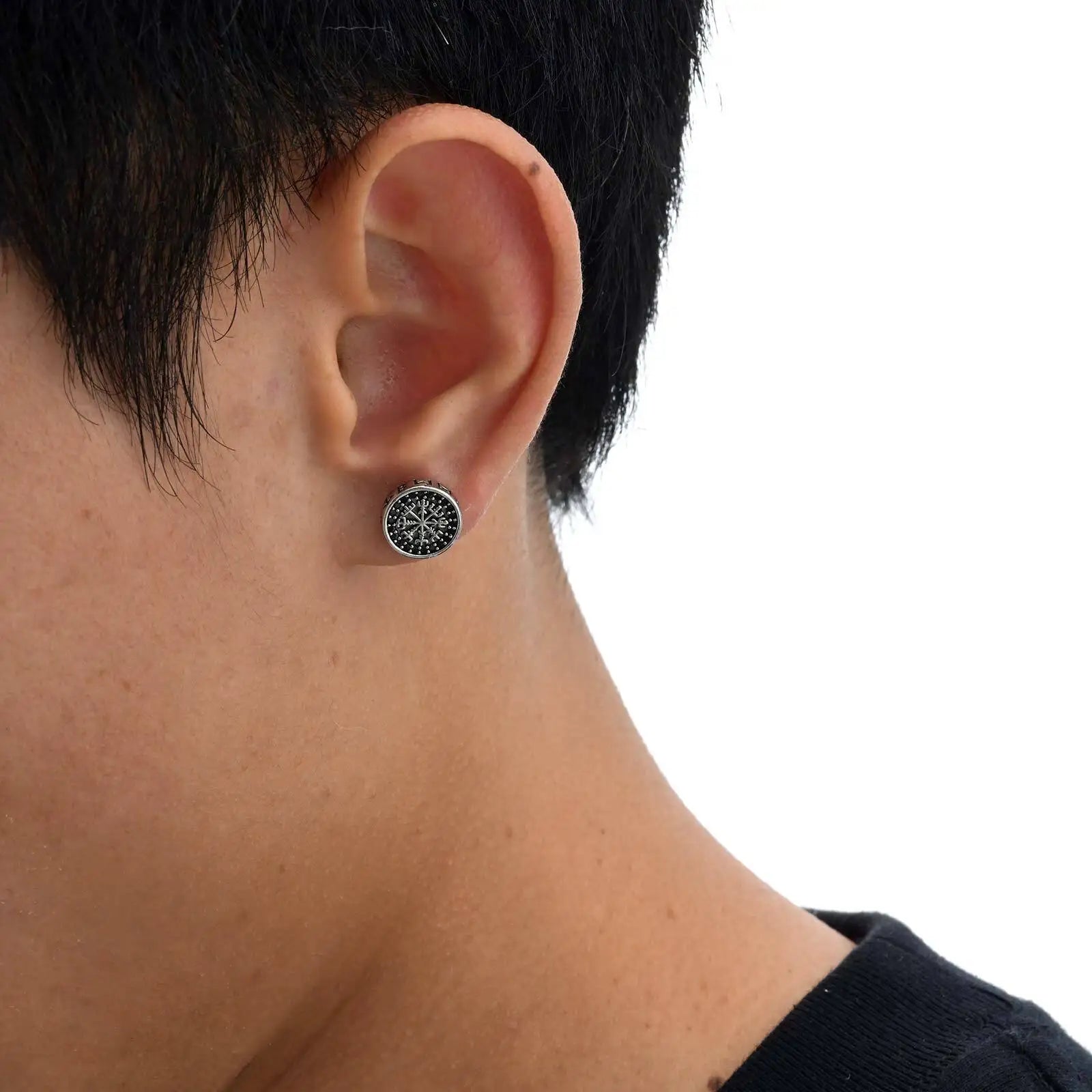 Vintage Viking Stud Earrings for Men Boys,Round Stainless Steel Compass Zircon Earring,Simple Jewelry Gift for Him