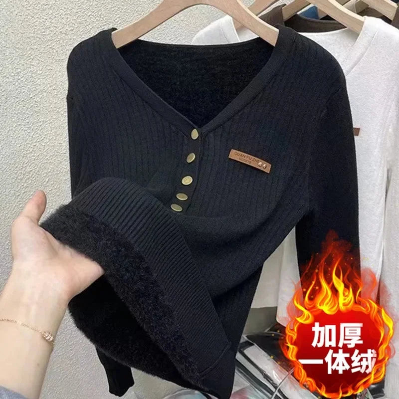 2024 Thicken Velvet V-neck Sweater Women Korean Fashion Lined Warm Sueter Knitted Pullover Slim Top Winter Jersey Knitwear Jumpe