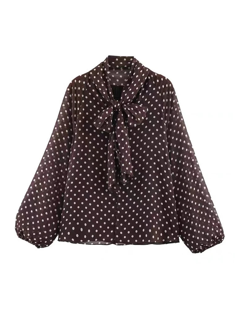Polka Dot Lace Up Bow Shirt Women Casual Long Lantern Retro Sleeve Pleated Loose Blouse Lady 2026 Spring Commute Office Outwears