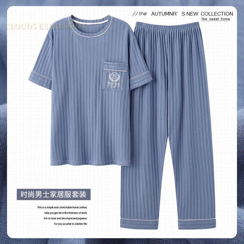 L-5XL Summer Elegant Men Pyjamas Knited Cotton Pajamas Set Long Pant Sleepwear Pyjamas Night Suits Pijamas Plus Size Homewear PJ