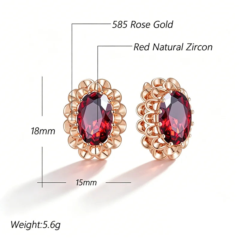 Kinel Hot 585 Rose Gold Color Flower English Earrings For Women Big Oval Red Natural Zircon Accessories Daily Vintage Jewelry