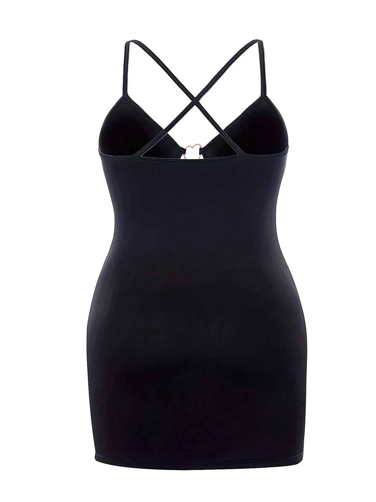 Plus Size Heart Metal Buckle Cutout Bodycon Mini Dress Spaghetti Strap Deep Hollow Front Slim Fitted Ribbed Short Dress Sexy Clu