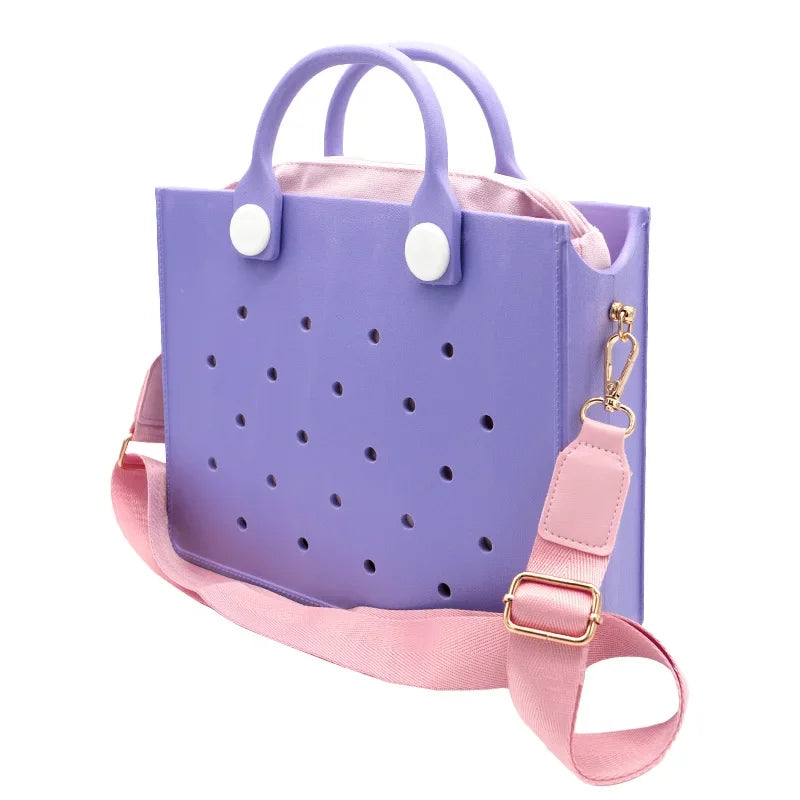 Fashion Storage EVA Large Leather Shoulder Bag Beach Tote Travel Handbag Storage for Women Casual Waterproof Bag Hole Fit Charms