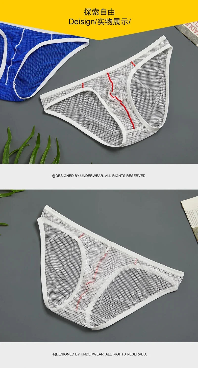 Ice Silk Men Underwear Sheer Mesh Sexy U Bulge Pouch Briefs Male Ultra-thin Breathable Underpants Mid Waist Hollow Panties Cueca