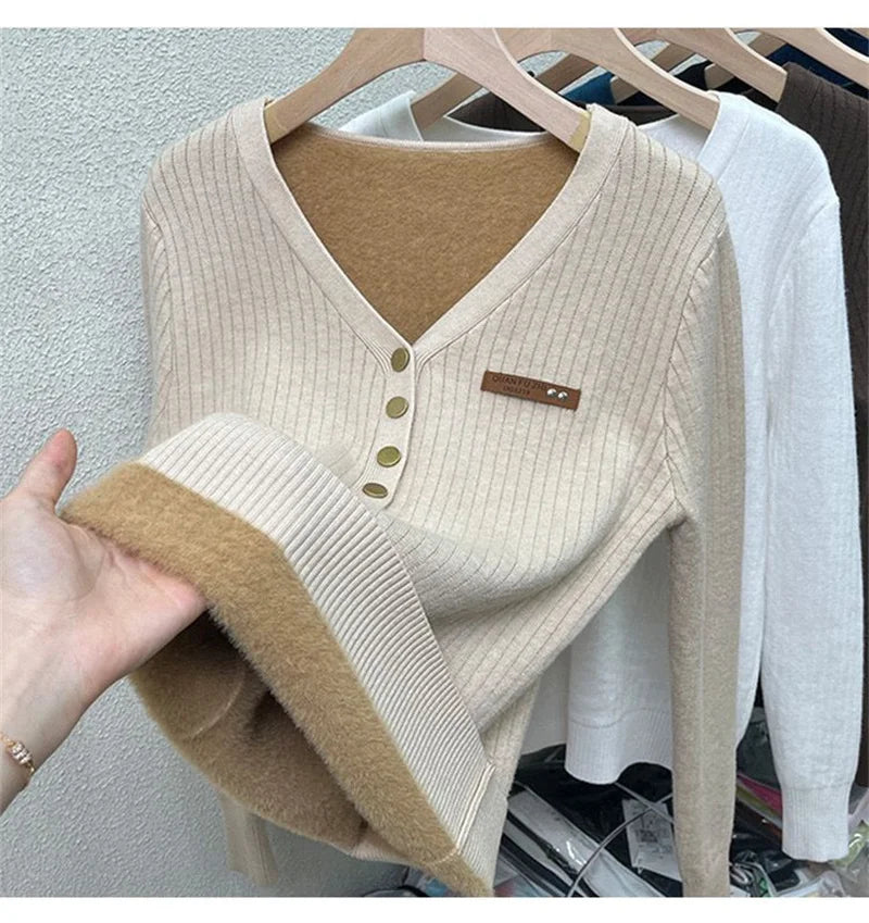 2024 Thicken Velvet V-neck Sweater Women Korean Fashion Lined Warm Sueter Knitted Pullover Slim Top Winter Jersey Knitwear Jumpe
