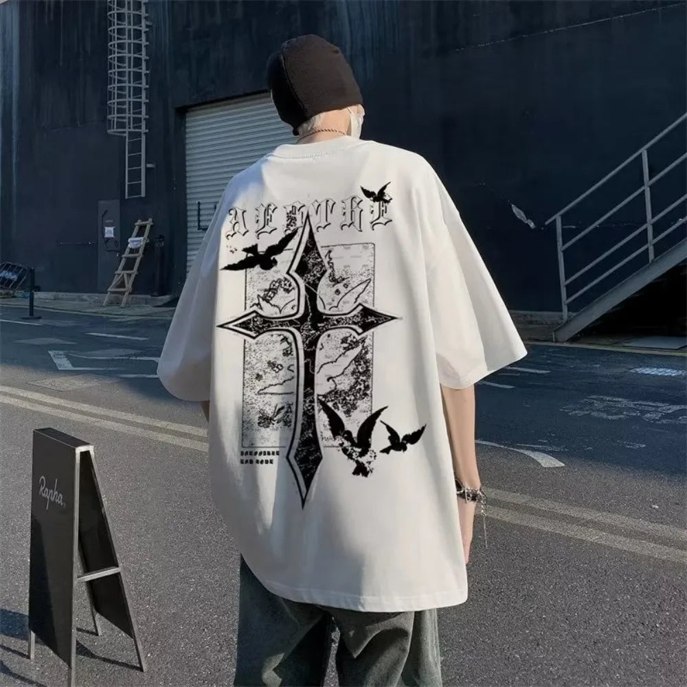 Hot selling trend summer men's cross letter print comfortable and breathable round neck T-shirt outdoor casual high street top