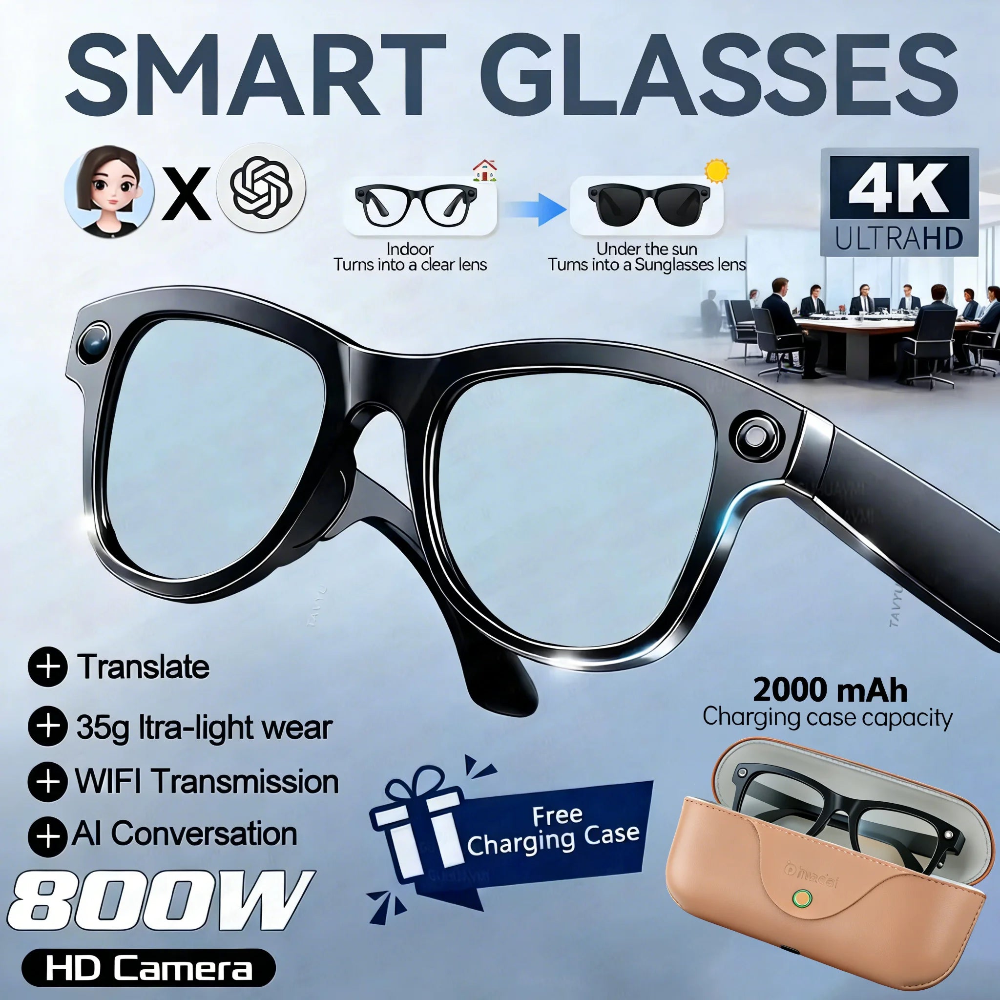 2026AI smart glasses HD 800W anti-shake camera AI dialogue real-time translation IP67waterproof Bluetooth audio smart sunglasses