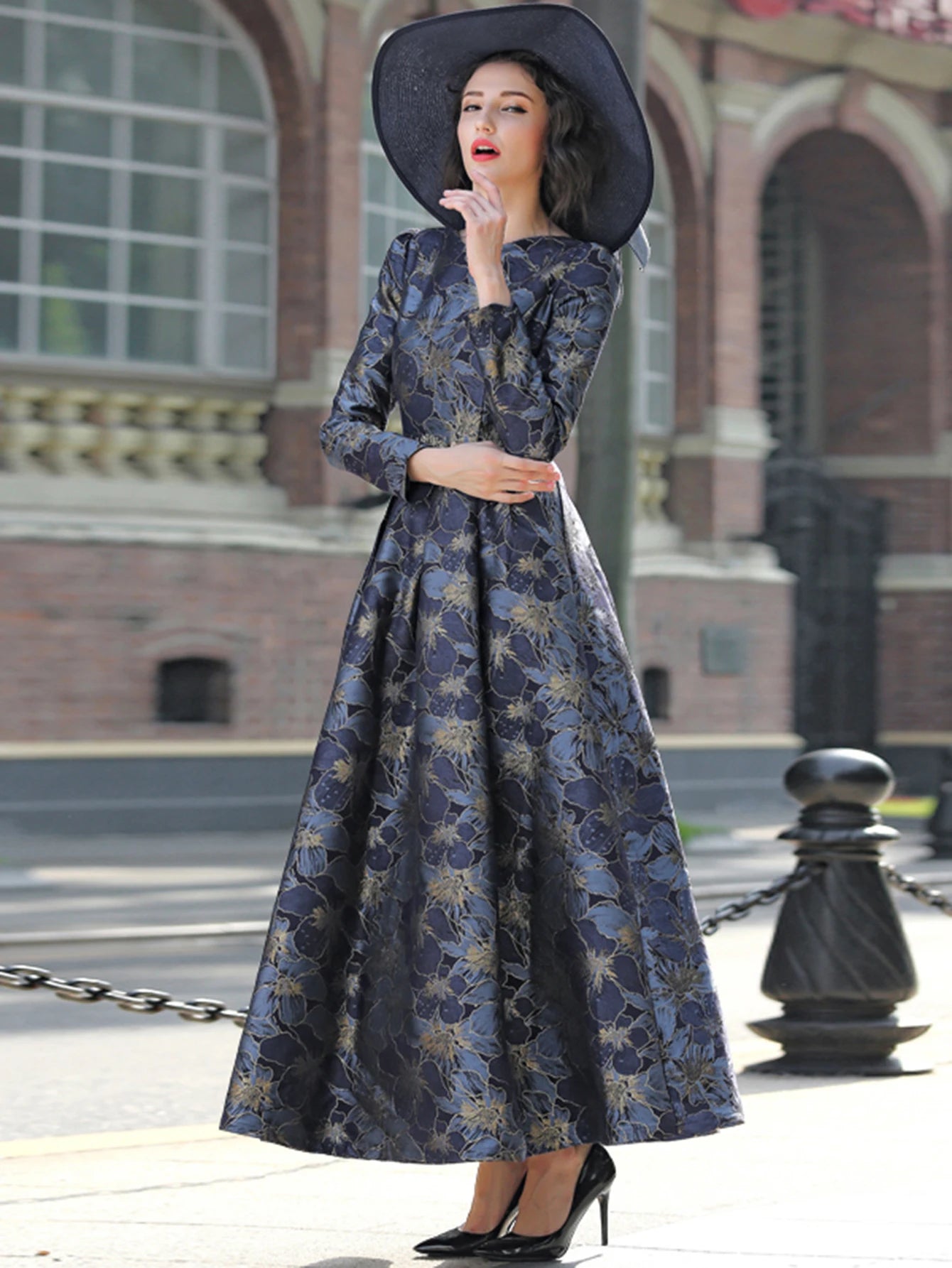 DEVCHATA Quality Elegant Women Long Sleeve Maxi Dress Floral Jacquard V Neck Lady Autumn Winter Party Fashion Formal Vestidos