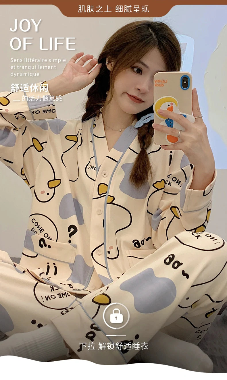 Elizabeth Duck Japanese Kimono Autumn Winter Women Pajamas Sets Faux Cotton Long Sleeves Homesuits Casual V-neck Lapel Sleepwear