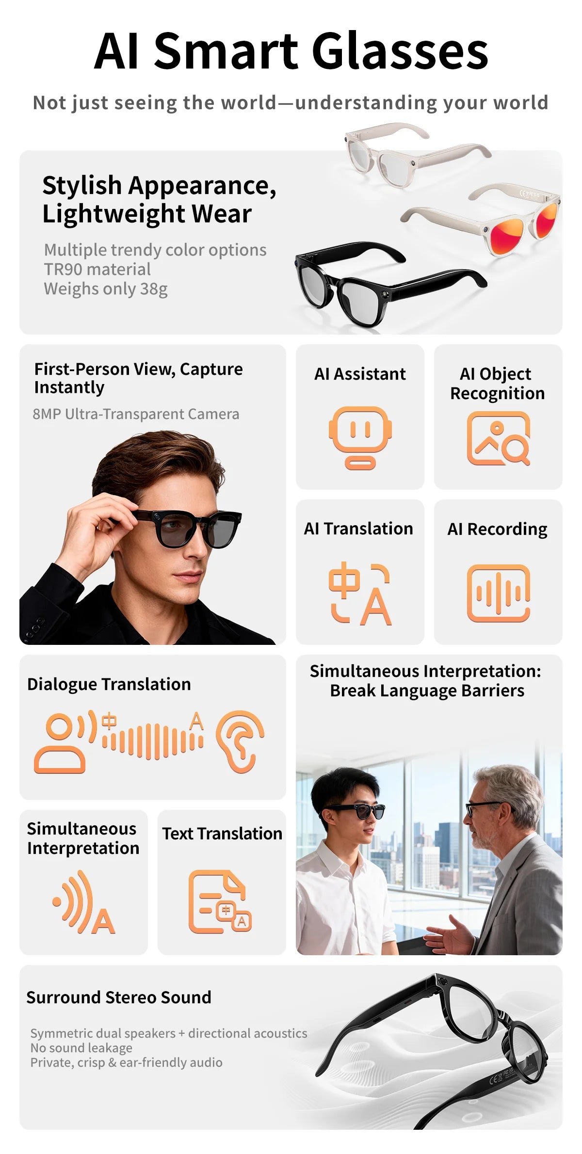 2026AI smart glasses HD 800W anti-shake camera AI dialogue real-time translation IP67waterproof Bluetooth audio smart sunglasses