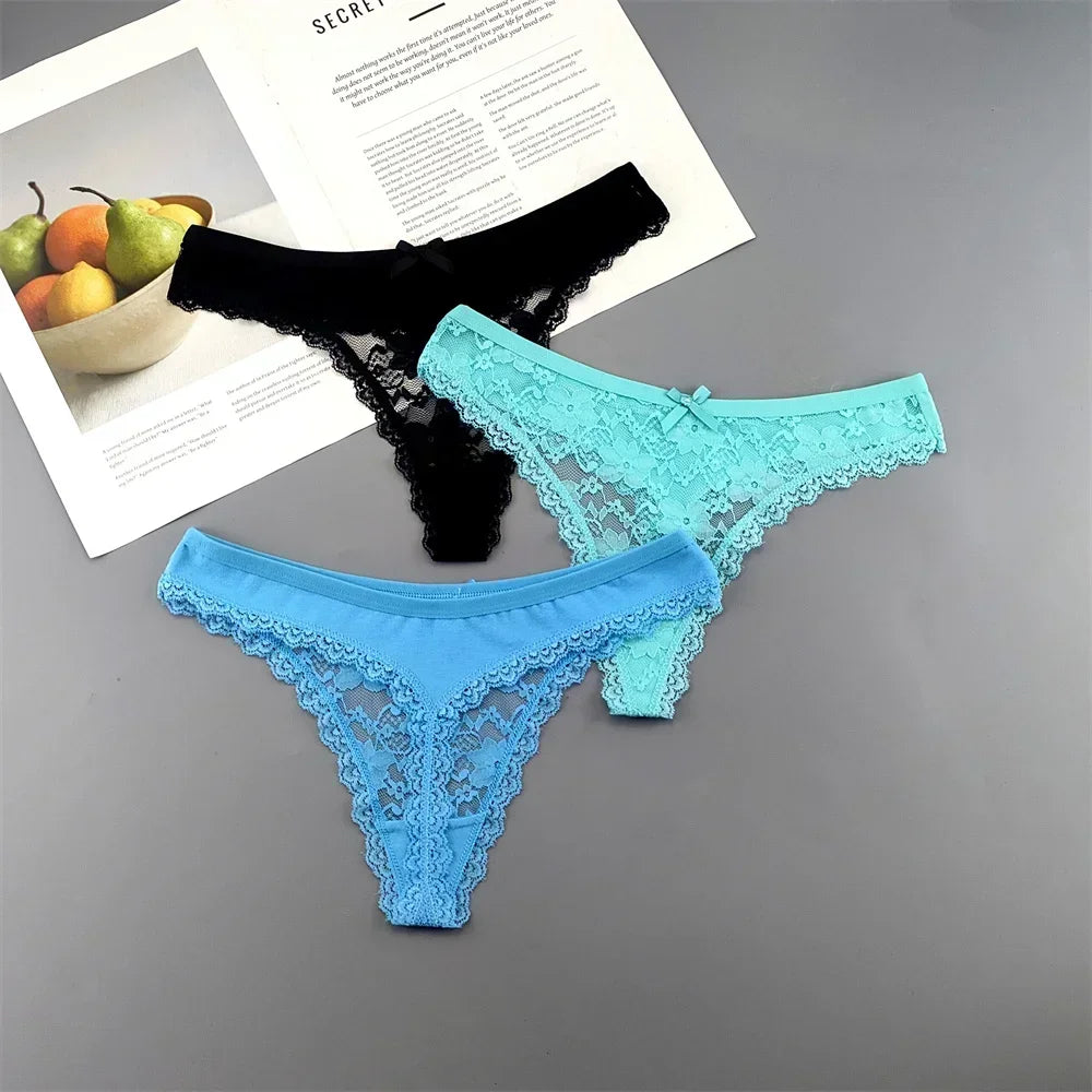 S M L XL XXL Plus Size Sexy Cozy Lace Cotton Thongs Underwear Lingerie for Women Seamless T-back Ladies Transparent G-string 3PC