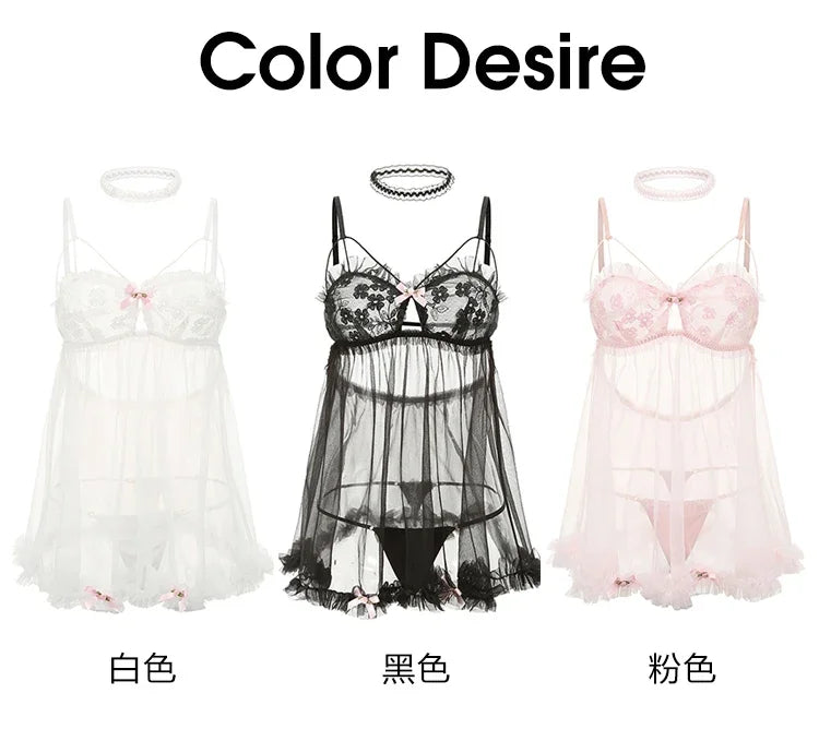 Pink Kawaii Lingerie dress Lolita Nightwear Sexy Lace Tulle Sweet Pink Sling Night Private Room Underwear Women Night Gowns 2024