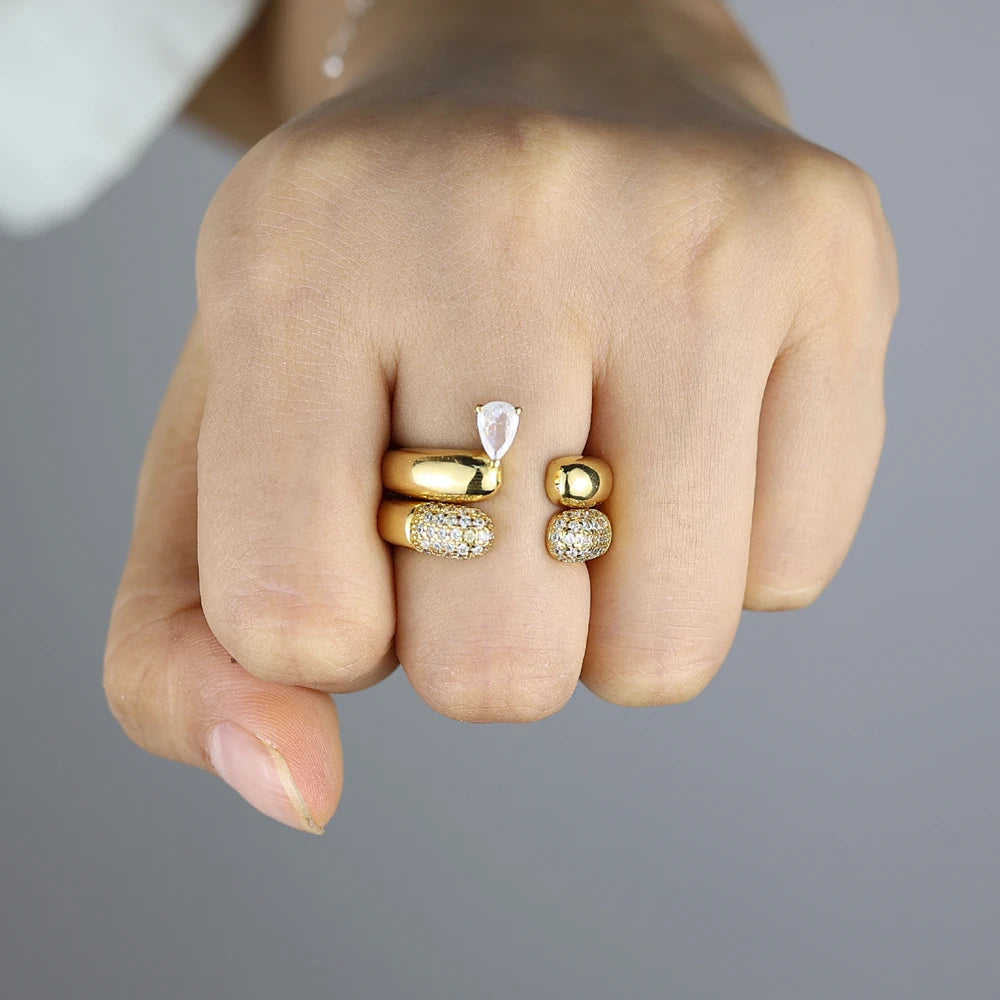 2026 New Arrivals Stacking Open Finger Rings Pave Bling Water Drop Cubic Zirconia For Women Fashion Geometric Jewelry