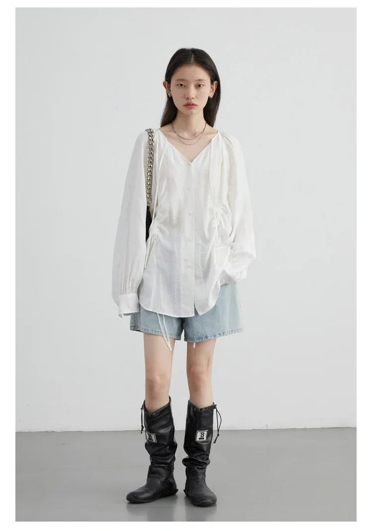 CHIC VEN Women Shirts Korean Loose Soild V-neck Long Sleeved Blouses Fashion Design Soft Lace Up Ladies Tops Summer New 2024