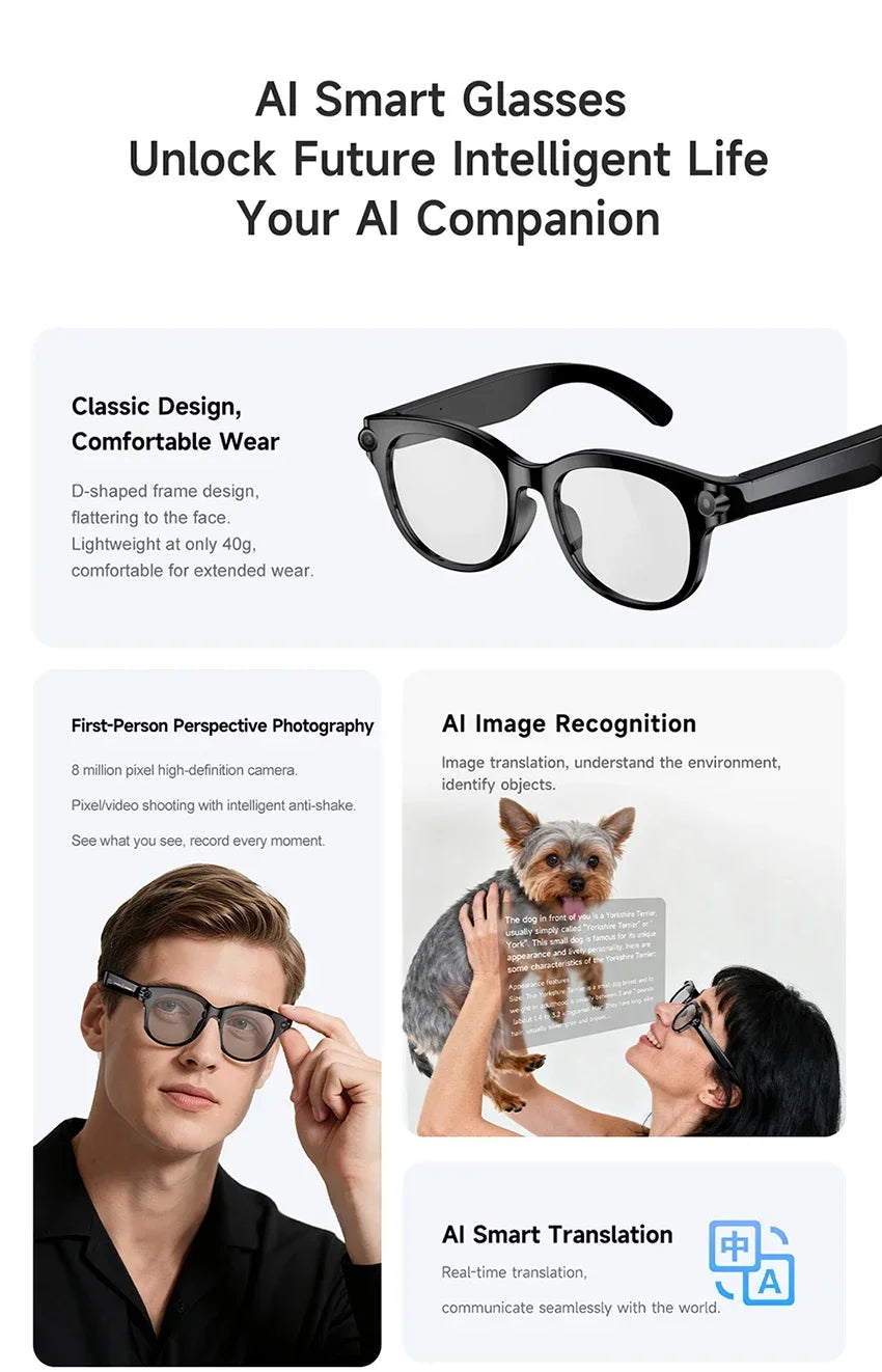 New Smart AI Glasses 800W Shooting Camera HD Photo Video Voice Call Translation Waterproof Bluetooth AI Motorcycle Glasses