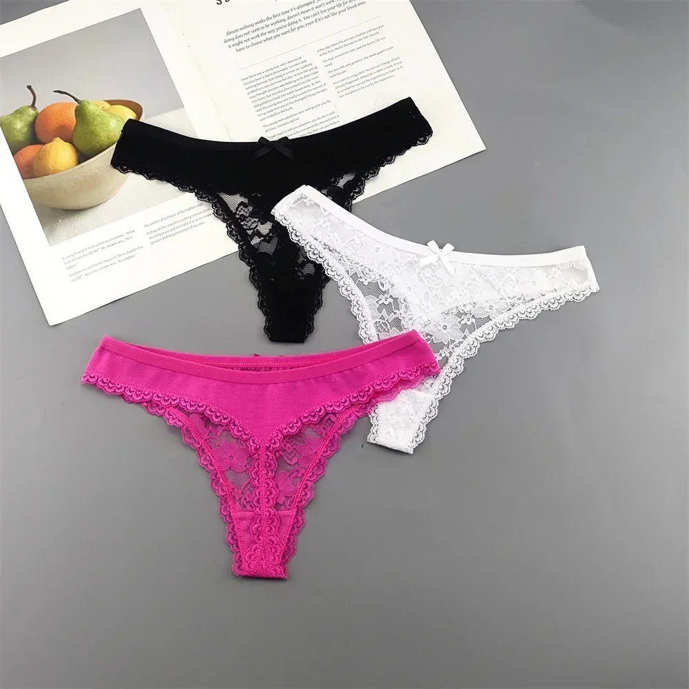 S M L XL XXL Plus Size Sexy Cozy Lace Cotton Thongs Underwear Lingerie for Women Seamless T-back Ladies Transparent G-string 3PC