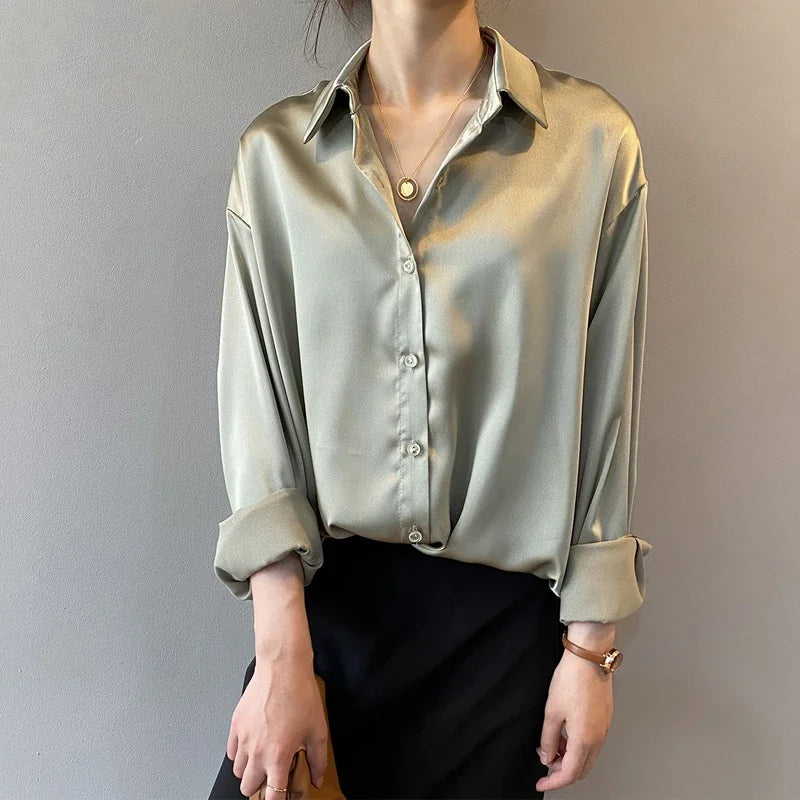 Women’s Turn-Down Collar Satin Blouse Top