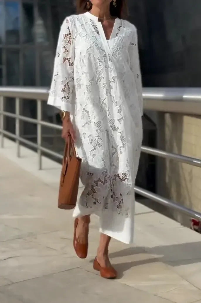 Women's Elegant Fashion Lace Dress White 2025 Spring Summer New Loose V-neck Seven-Point Sleeve Hollowed out Dresses Office Lady
