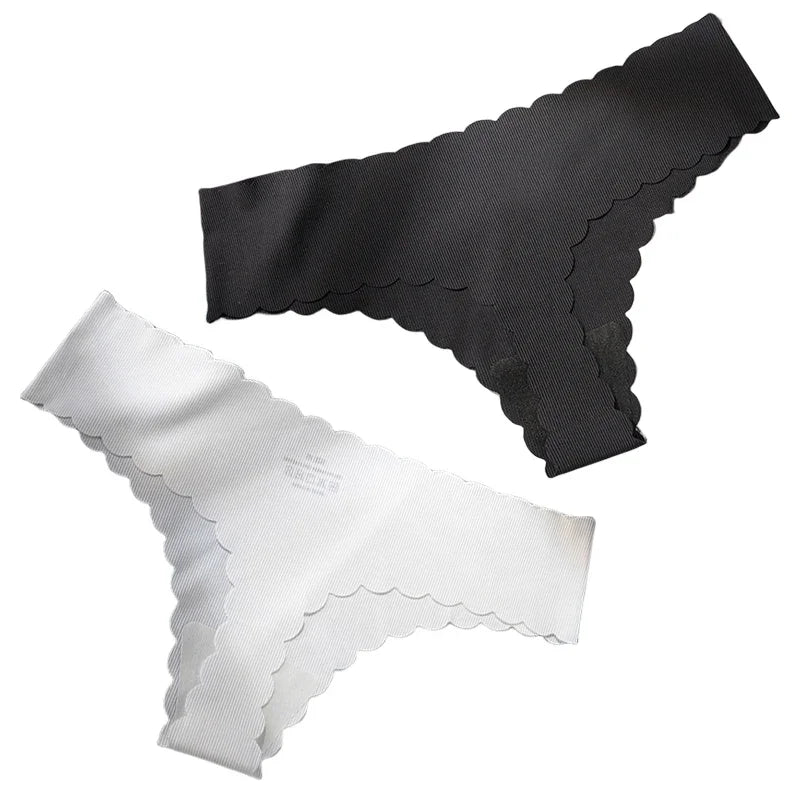 2PCS Seamless Thin-stripe Panties Ladies Low Rise T-back G-string Nude Half-covered Hip Lingerie Solid Cotton Ruffles Sexy Thong