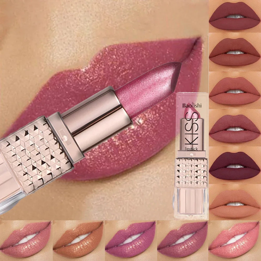 12 Colors Glitter Shiny Lipstick Waterproof Long Lasting Pearlescent Shimmer Lip Tint Diamond Easy Color Lipstick Deluxe Makeup