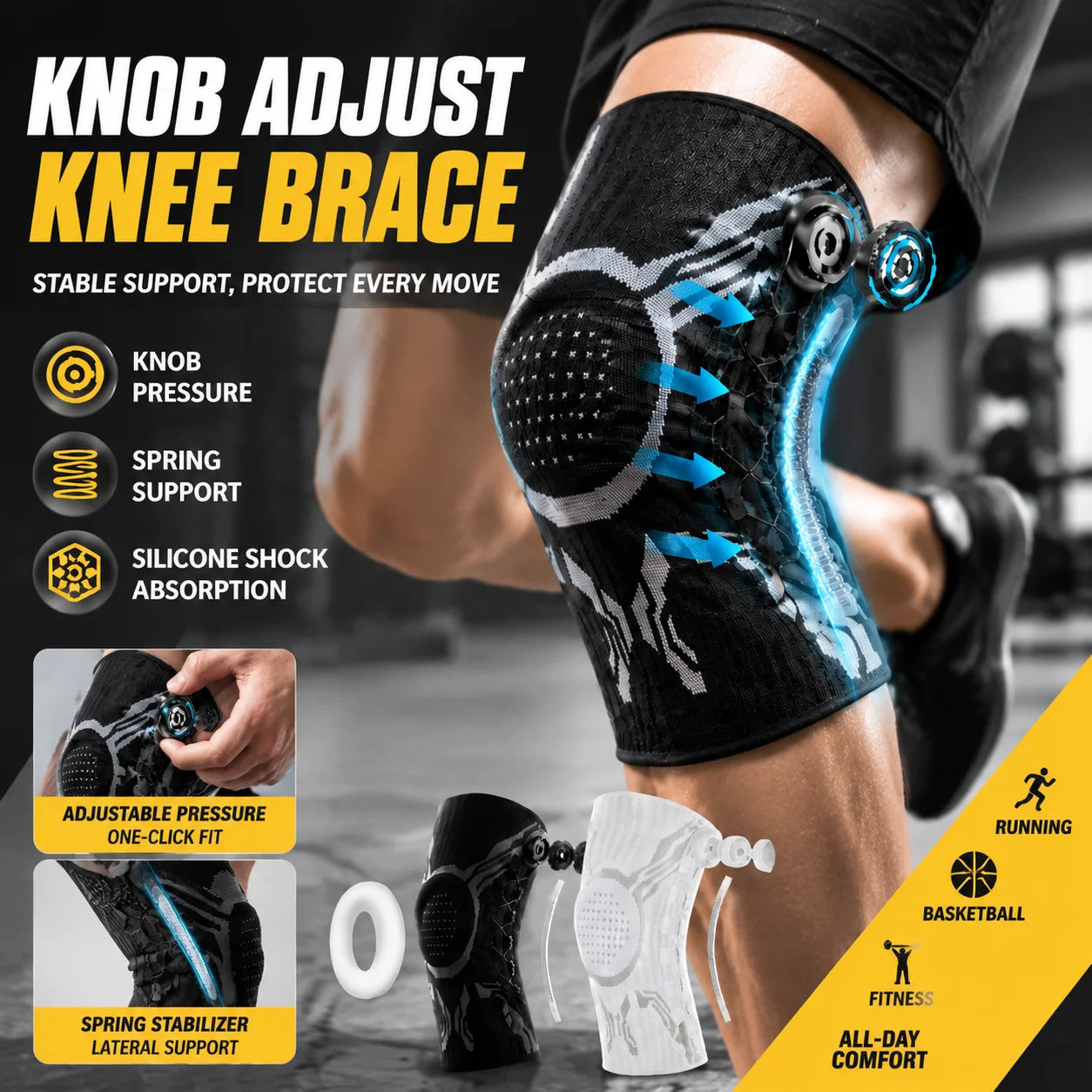 Knob Adjustable Knee Brace 360 Degree Protection Spring Lateral Support Anti-Slip Silicone Pads Breathable Knee Sleeve