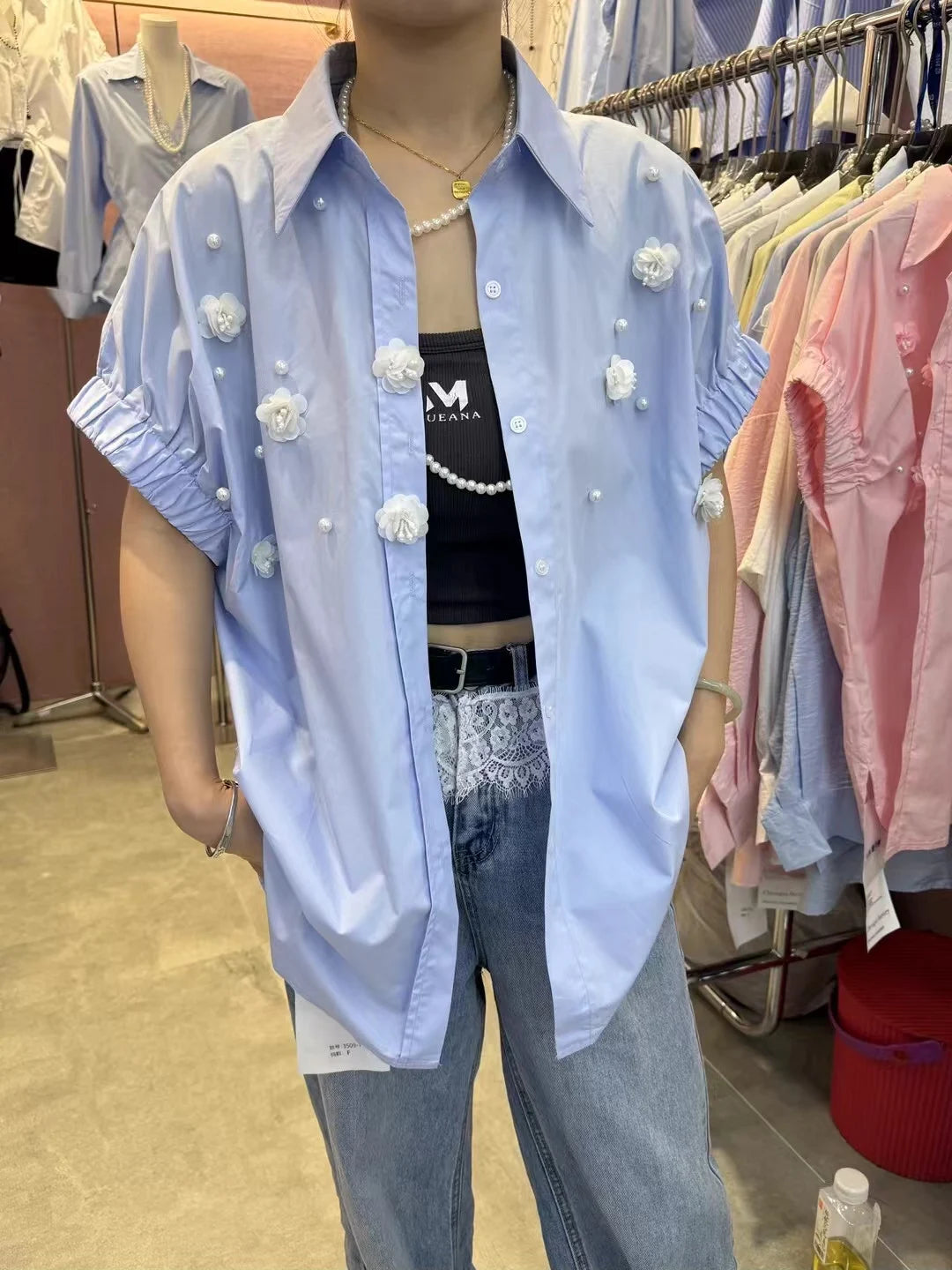 2025 Summer Trend New Cotton Blouses Shirts For Women Long Sleeve Loose Casual 3D Flowers Beaded Shirts Tops Camisas De Mujer