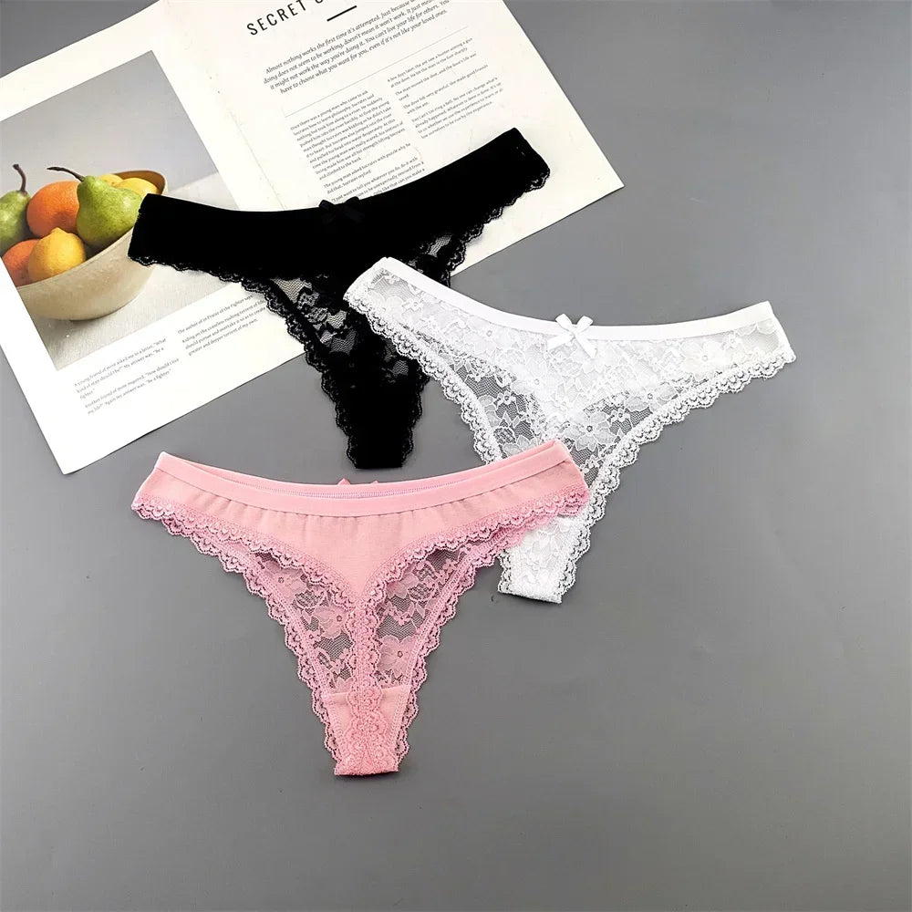 S M L XL XXL Plus Size Sexy Cozy Lace Cotton Thongs Underwear Lingerie for Women Seamless T-back Ladies Transparent G-string 3PC