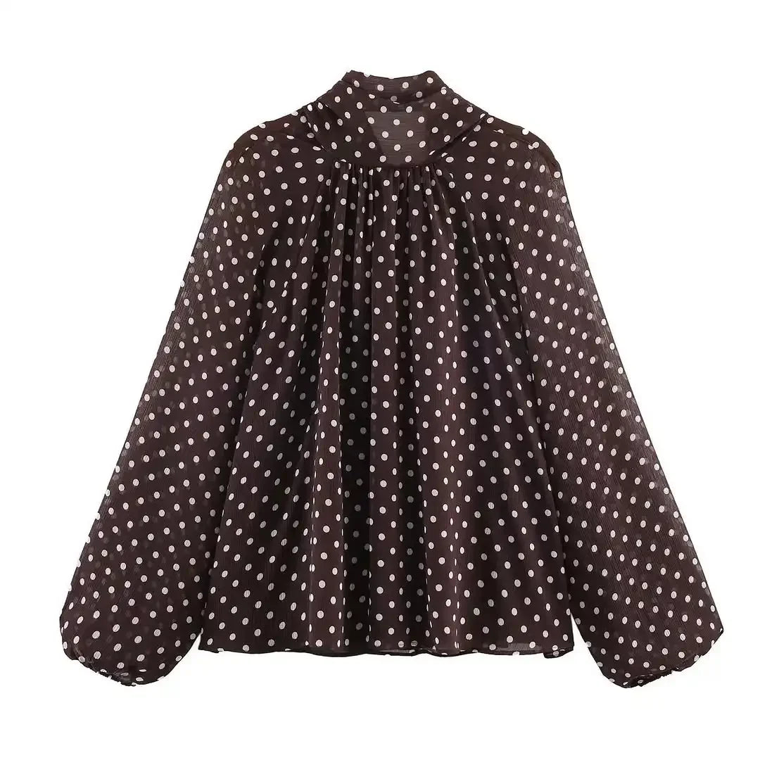 Polka Dot Lace Up Bow Shirt Women Casual Long Lantern Retro Sleeve Pleated Loose Blouse Lady 2026 Spring Commute Office Outwears