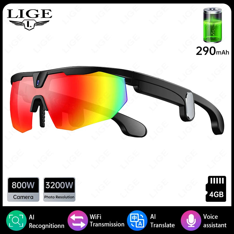 LIGE AI Smart Glasses 800W HD Anti-shake Camera Action Capture Goggles 3D Surroud Sound AI Chat Call Cycling Sports Sunglasses