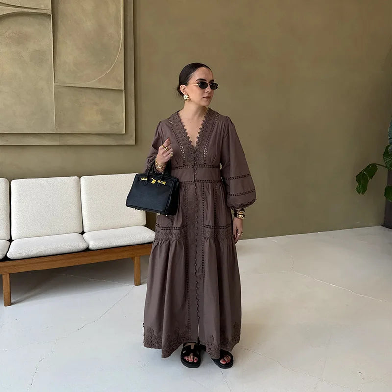 Elegant Hallow Out Long Dress Women Lantern Sleeve Deep V-neck Single Breasted Loose Dresses 2025 Fashion Solid Office Robe Lady